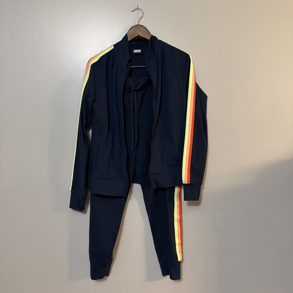 Retro Rainbow Stripe Navy Track Suit Pants Jacket Athletic Works Size M READ
